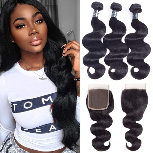 Amella Hair Brazilian Body Wave Virgin Hair 3 Bundles with Closure (12 14 16+10Closure, Free Part) 8A Unprocessed Human Hair Bundles with Closure Wet and Wavy Hair Extensions
