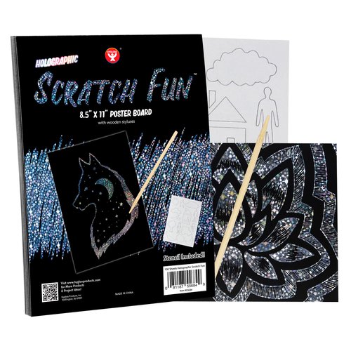 Hygloss Products Fun, Black Matte Scratch Art Set for Kids, Kit Includes 50 Silver Holographic Papers, 8.5 x 11 Inches and 10 Wooden Stylus Sticks