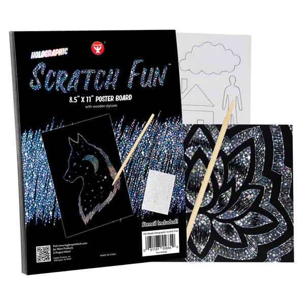 Hygloss Products Fun, Black Matte Scratch Art Set for Kids, Kit Includes 50 Silver Holographic Papers, 8.5 x 11 Inches and 10 Wooden Stylus Sticks