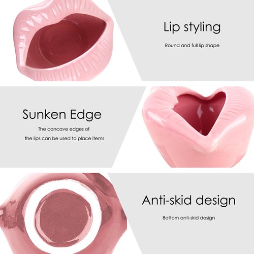 CAIRIAC Ceramic Red Lips Lipstick Ring Holder, Lip ceramic holder, Suitable for Storing Cosmetics, Hair Clips, Jewelry as Gifts for Women, Birthdays, and Valentine's Day (Pink)