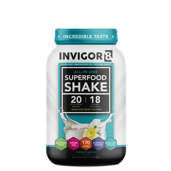 INVIGOR8 Superfood Grass Fed Whey Protein Isolate Shake French Vanilla Gluten-Free and Non GMO Meal Replacement with Probiotics and Omega 3 (645g)