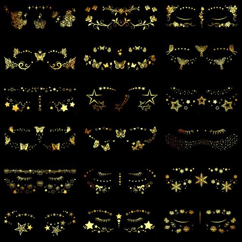 Konsait 20 Sheets Face Tattoos, Gold Star Butterfly Flowers Fake Face Tattoos, Metallic Temporary Tattoos for Women Girls, Temporary Face Tattoos for Parties Makeup Festival Accessories