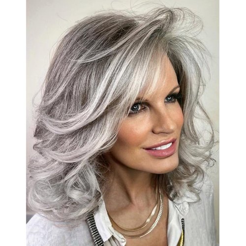 XIUFAXIRUSI XIUFAXIRUSI Medium Grey Wavy Bob Wigs for Women Gray to White Layered Wig Shoulder Length Synthetic Wig for Daily Party Use