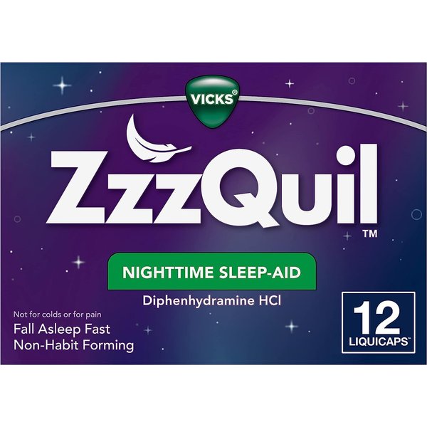 ZzzQuil, Nighttime Sleep Aid LiquiCaps, 25 mg Diphenhydramine HCl, No.1 Sleep-Aid Brand, Non-Habit Forming, Fall Asleep Fast, 12 Count