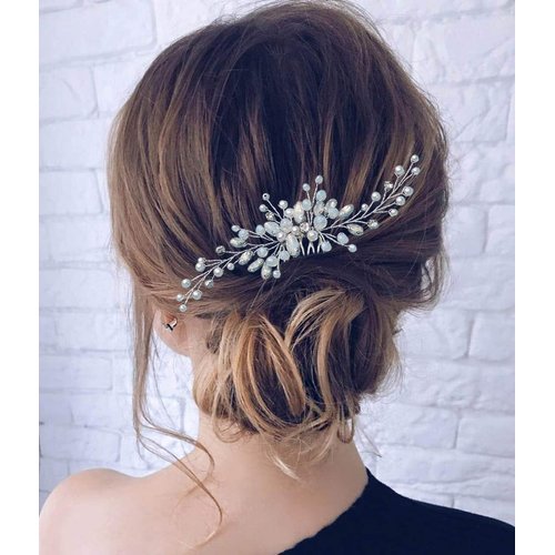 Jonky Bride Wedding Crystal Hair Comb Silver Pearl Hair Piece Rhinestone Hair Accessories for Women and Girls