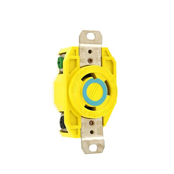 Leviton 26CM-20 30 Amp, 250 Volt, Flush Mounting Locking Receptacle, Industrial Grade, Grounding, Corrosion Resistant, Yellow