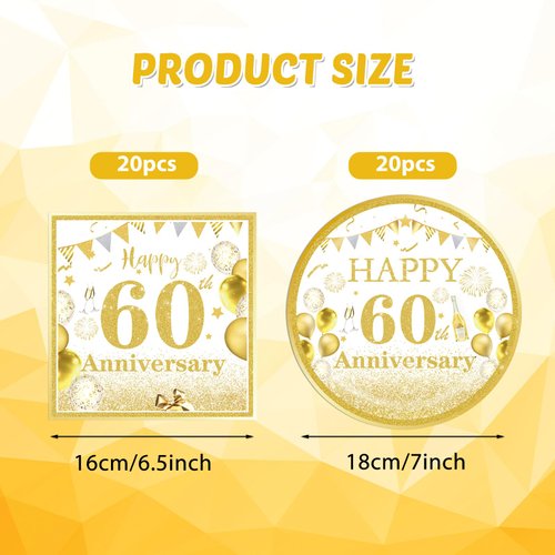 40PCS Gold Birthday Decorations 60th Theme Birthday Party Tableware1964 Party Supplies 60 Year Old Birthday Party Decorations Plates Napkins for Cheers to 60 Years Wedding Anniversary Party Supplies