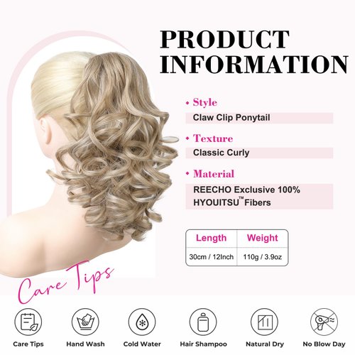 REECHO 12" Ponytail Extension, Classic Loose Curly Wavy Claw Clip Pony tails Hair Extensions Hairpieces for Women - Ash Blonde with Highlights