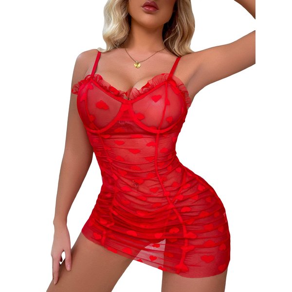 SOLY HUX Women's Sexy Heart Mesh See Through Lingerie Babydoll Sleepwear Sleeveless Ruffle Chemise Nightgown with Thong Pure Red L