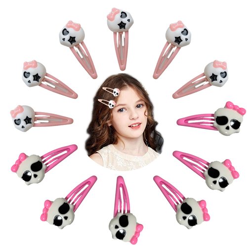 12PCS Cute Hair Clips Set - 2.2in Pink Goth Skull Skeleton Halloween Side Hair Clips Barrettes for Girls Punk Cosplay Prom Party Hair Accessories (Pink-Halloween)