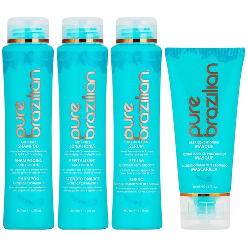 PURE BRAZILIAN - 4 Piece Essential Travel Size Kit: Anti-Frizz Shampoo, Conditioner, Serum & Masque