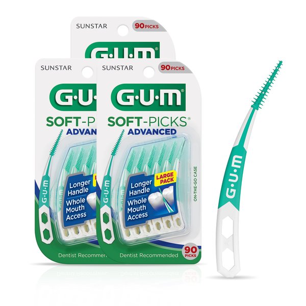 GUM Soft-Picks Advanced, Easy to Use Dental Picks for Teeth Cleaning and Gum Health, Disposable Interdental Brushes with Convenient Carry Case, Dentist Recommended Dental Floss Picks, 90ct (3pk)