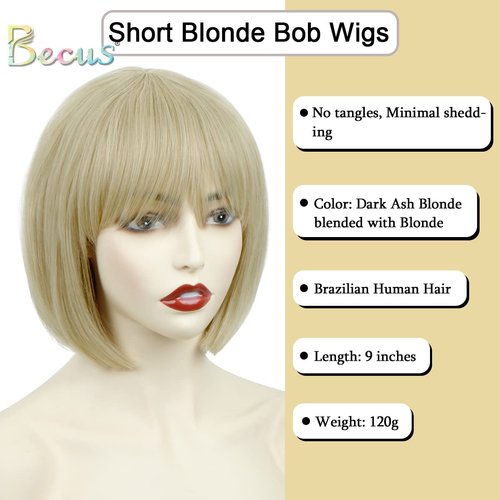 BECUS Short Bob Wig with Bangs Heat Resistant Synthetic Straight Wigs for Women Cute Dark Ash Blonde Blended (10inch, Blonde)