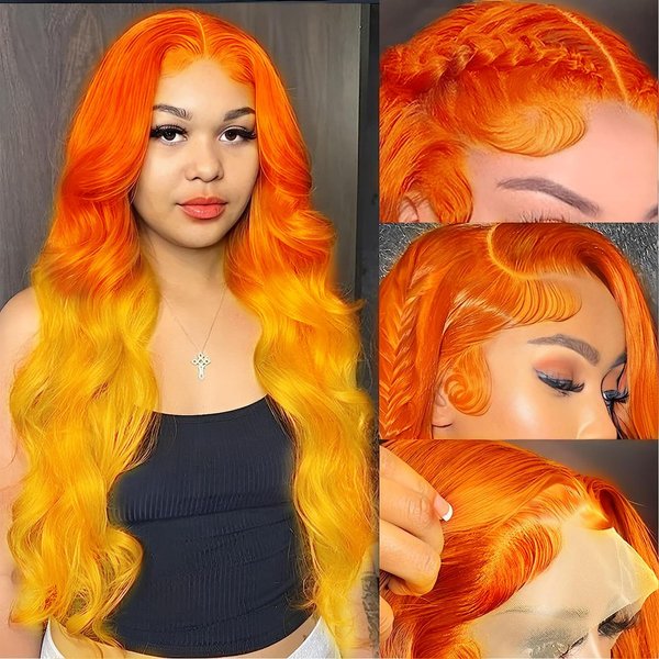 Orange Wigs for Women Handmade Lace Front Wig Red Orange Curly Hair Wig Long Wavy Side Part Yellow Ombre Natural Hairline Glueless Synthetic Heat Resistant Hair Cosplay Makeup Drag Queen Wig 24Inch