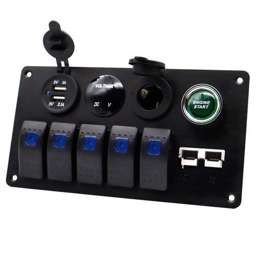 Disscool 5 Gang Switch Panel with Automatic Reset Horn 12V/24V, 5 Position Toggle Switch Engine Start Anderson Dual USB Charger with Digital Display Voltmeter for Car Trailer