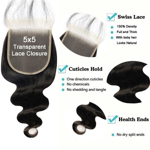 5x5 Transparent HD Lace Closure Body Wave human hair closure 12A Brazilian Virgin Human Hair Closure Free Part 100% Human Hair Extensions Pre Plucked Natural Black (18 Inch)