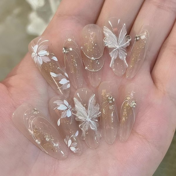 Rchovsam 3D Butterfly Press on Nails Long Almond False Nails White Floral Design Fake Nails Gold Glitter Press Ons Gift for Women 24pcs