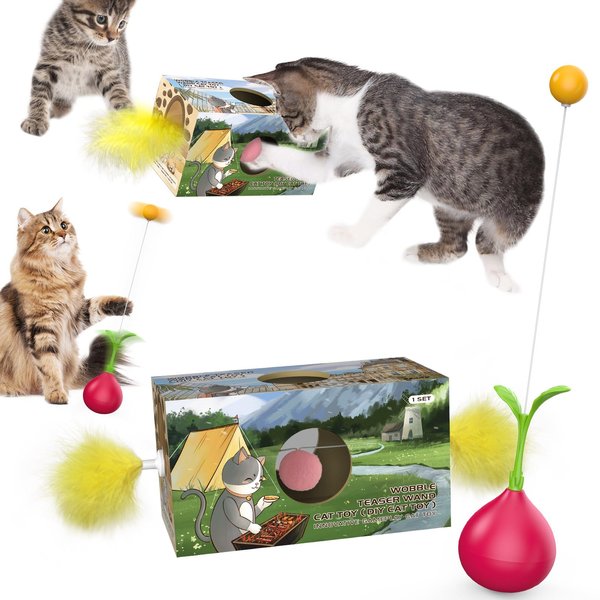 Zaabaazona 2-in-1 Cat Toy, Interactive Cat Toy for Indoor Cats Self-Righting Rocking Feather Cat Toy, Multi-Function Cat Ball Toy, Cat-Digging Hole Toy Suitable as a Birthday Gift