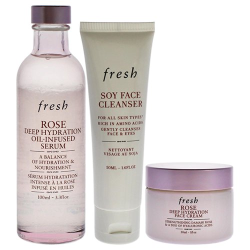 Fresh Three Step Hydration Heroes Kit for Women - 3 Pc 1.6oz Soy Face Cleanser, 3.4oz Rose Deep Hydration Oil Infused Serum, 1oz Rose Deep Hydration Face Cream