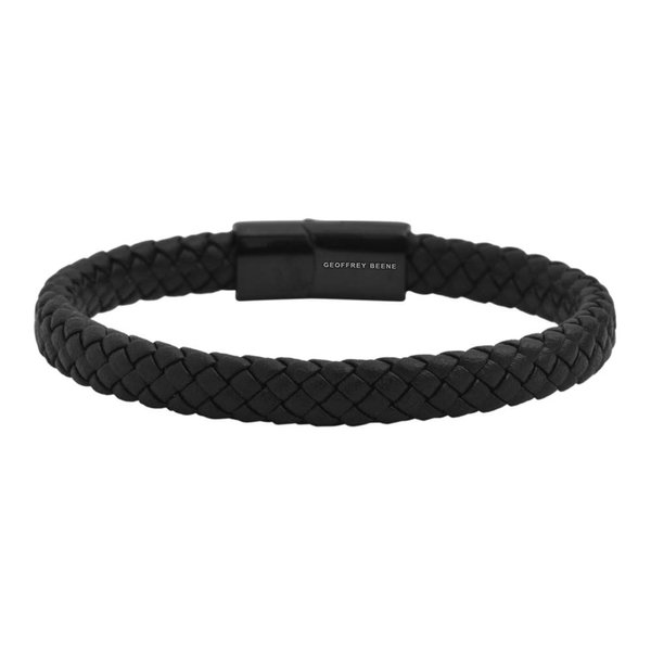 Geoffrey Beene Men's Braided Genuine Leather Bracelet with Stainless Steel Closure, Black
