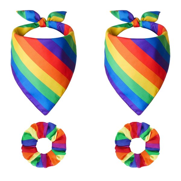 4 PCS Pride Hair Scrunchies and Pride Bandanas Set, 2 PCS Rainbow Bandanas Cotton Multi-Purpose Handkerchiefs and 2 PCS LGBT Rainbow Hair Ring Hair Ties, Pride Month Celebratory Decorations
