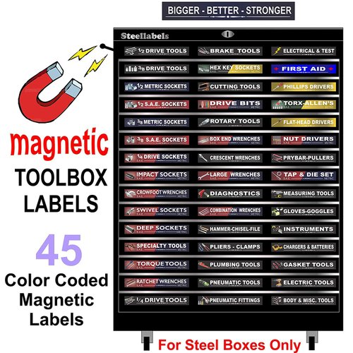 Ultimate Magnetic Tool Box Organizer Labels - Blue Edition organize boxes, drawers & cabinets “Quick & Easy”, fits all brands of ‘Steel’ tool chest Craftsman, Snap-on, Mac, Matco & Cornwell