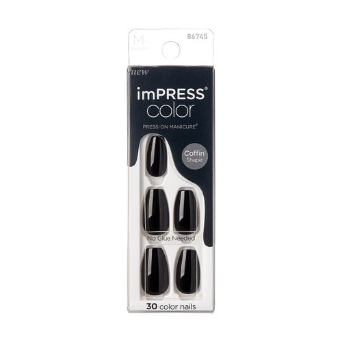 KISS imPRESS No Glue Mani Press On Nails, Color, All Black', Black, Medium Size, Coffin Shape, Includes 30 Nails, prep pad, mini nail file, manicure stick