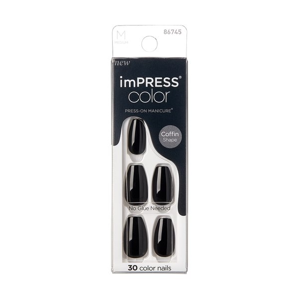KISS imPRESS No Glue Mani Press On Nails, Color, All Black', Black, Medium Size, Coffin Shape, Includes 30 Nails, prep pad, mini nail file, manicure stick