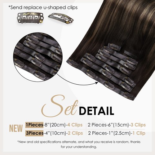 Full Shine Clip in Hair Extensions Real Human Hair 2/8/2 Straight Seamless Clip in Human Hair Extensions 20 Inch Dark Brown Mix Ash Brown Natural Extensions For Women Clips ins 8 Pcs 120 Grams