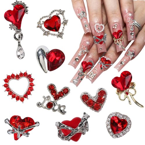 20Pcs Red Heart Nail Charms Valentine's Day Nail Art Charms for Nails 3D Alloy Heart Nail Rhinestones Love Crystals Design Nail Gems Jewels Glitter Valentines Nail Supplies for Women Nail Decoration
