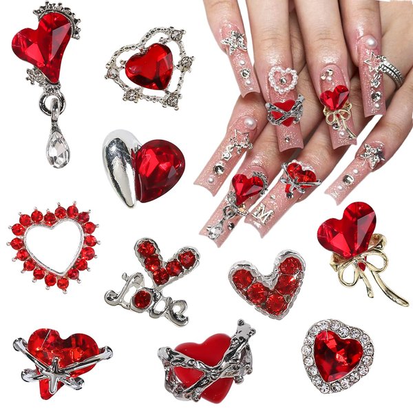 20Pcs Red Heart Nail Charms Valentine's Day Nail Art Charms for Nails 3D Alloy Heart Nail Rhinestones Love Crystals Design Nail Gems Jewels Glitter Valentines Nail Supplies for Women Nail Decoration