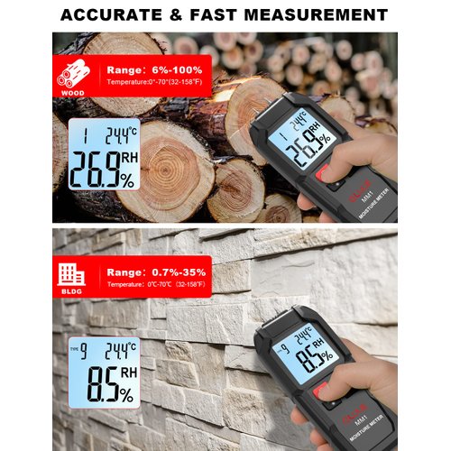 QLUUE Digital Moisture Meter, Moisture Tester with Replaceable pin, Temperature Measurement, Backlit LCD Display Moisture Detector for Wood, Building, Floor