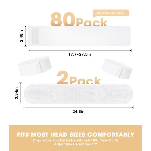 Onism 80 Pieces Disposable Spa Headband for Women, Non-Woven Stretch Headband with 2 Count Facial Headbands for Esthetician Supplies Convenient Magic Tape Closure for Women Girls Salons