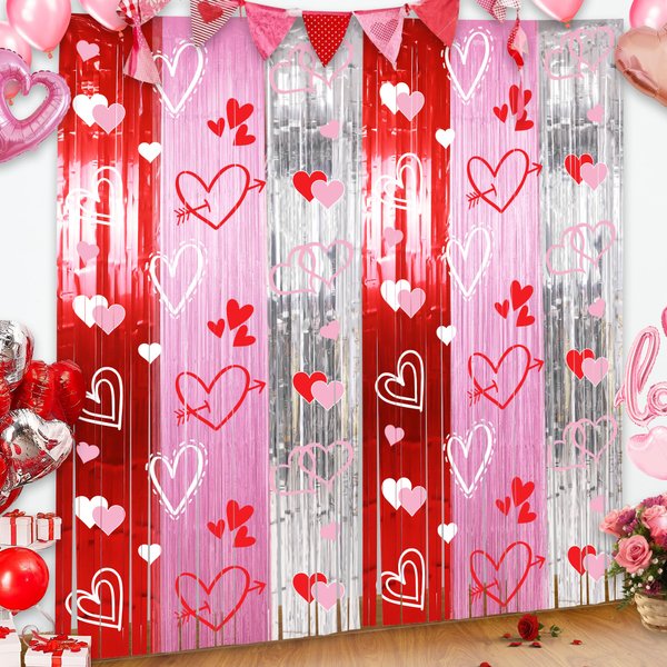 Foil Fringe Curtains Backdrop Valentines Party Decorations, 2 Pack 3.3 x 6.6 FT Red Pink Silver Tinsel Valentines Day Backdrop, Valentines Photo Backdrops Galentines Day Decor Wedding Party Decor