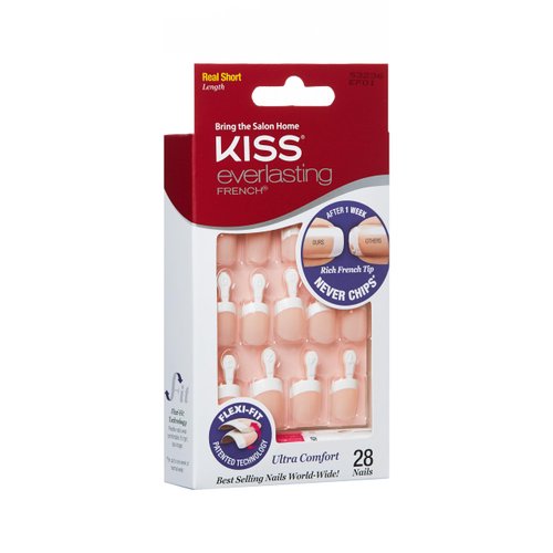 Kiss Everlasting French Nail Manicure, Chip-Free with Flexi-Fit Technology, Real Short, "Endless", Nail Kit with Pink Nail Glue (Net Wt. 2 g / 0.07oz.), Mini File, Manicure Stick, and 28 Fake Nails