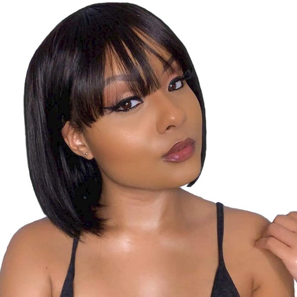 SQPLXK Short Bob Human Hair Wigs with Bangs None Lace Front Wigs Brazilian Straight Hair Machine Made Bob Wig for Black Women Natural Color 8 Inch