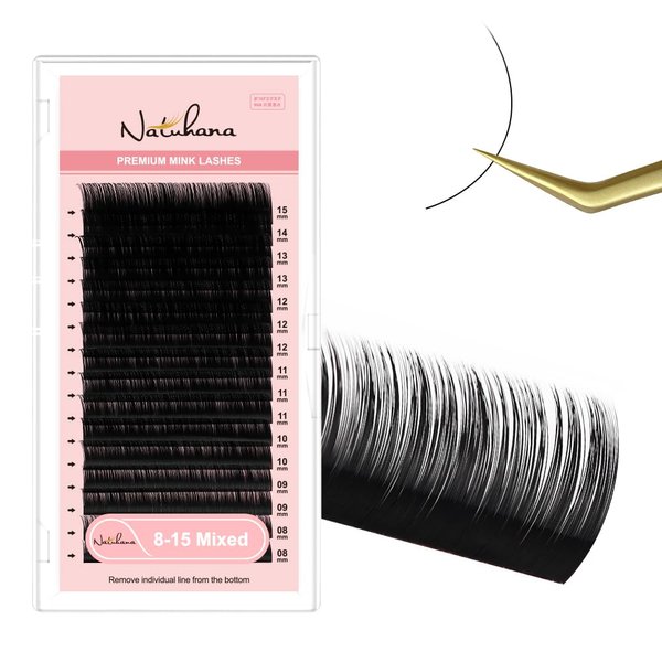 NATUHANA Round Eyelash Extensions 0.15mm DD Curl Russian Volume Lash 8-15mm Mixed Tray False Lashes Supplies,Classic Individual Lash Extensions 16Rows/Case Matte Black (black;0.15 DD, 8-15 MIX)