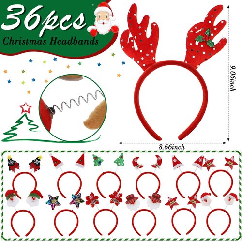 Zhehao 36 Pcs Christmas Headbands with Different Designs Santa Reindeer Antlers Headbands Christmas Accessories Holiday Costume Headbands for Adults and Kids Christmas Party Favors