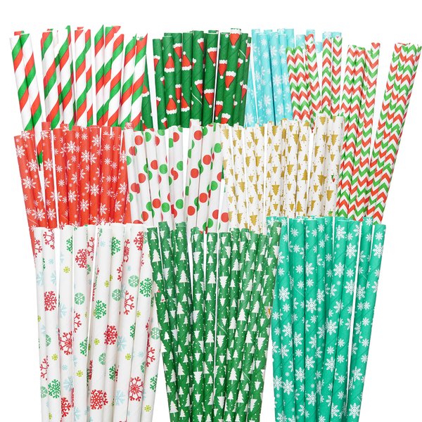 Weemium Christmas Paper Straws - Pack of 200 in 10 Designs - Biodegradable Christmas Straws for Drinking, Party & Crafts