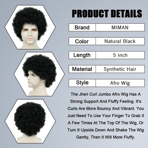 MIMAN Mens Afro Wig Short Kinky Curly Wigs Synthetic Natural Black Curly Hair Wigs Men's 70s 80s Disco Hippie Rocker Rapper Costume Cosplay Wig Halloween Costumes Wigs for Men