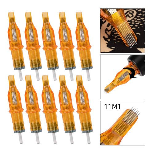 Tattoo Cartridge Needles, ATOMUS 10pcs 7M1 9M1 11M1 13M1 15M1 Disposable Tattoo Needle for Pen Rotary Machine Tattoo Supplies (Yellow 11M1 10pcs)