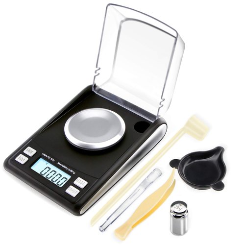 Fuzion Digital Milligram Scale 50/0.001 g, High Precision Jewelry Scale with 20g Cal Weight, Scoop, Powder Pan and Tweezers for Powder Medicine, Reloading(Batteries Included)