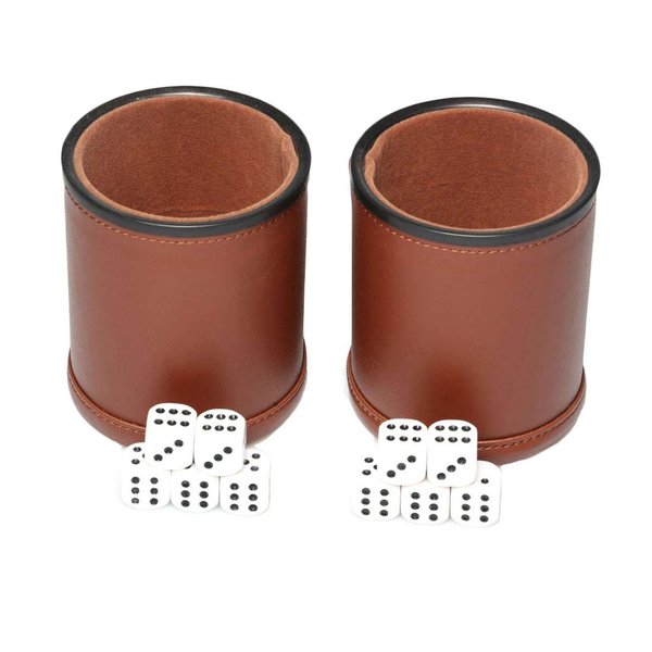 RERIVER PU Leather Dice Cup Set Felt Lining Quiet Shaker with 5 Dot Dices for Farkle Yahtzee Games, 2 Pack (Brown)