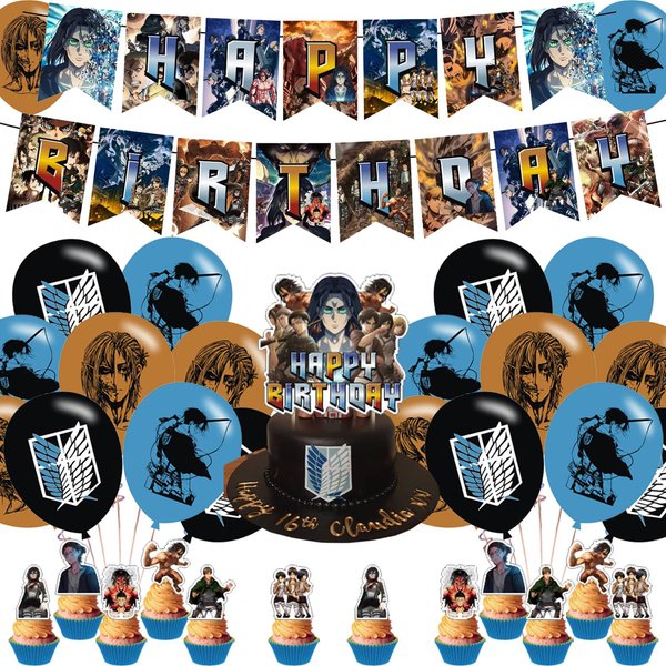 Attack Birthday Party Decoration,Attack 4 Include Anime Theme Birthday Banner, Cake Topper, Latex Balloons for Fans Birthday Party Supplies