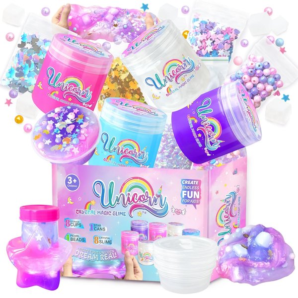 NPNE Unicorn Slime Kit for Girls DIY Slime Making Kit with Glitter Add Ins Foam Jelly Cubes Slime Christmas Birthday Party Favors Present Crafts Stress Relief Toys for Kids Age 8-12
