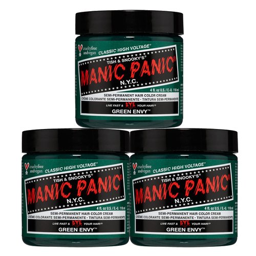 MANIC PANIC Green Envy Hair Dye - Classic High Voltage - (3PK) Semi Permanent Hair Color - Deep Emerald Green Dye with Blue Undertones - For Dark & Light Hair – Vegan, PPD & Ammonia Free