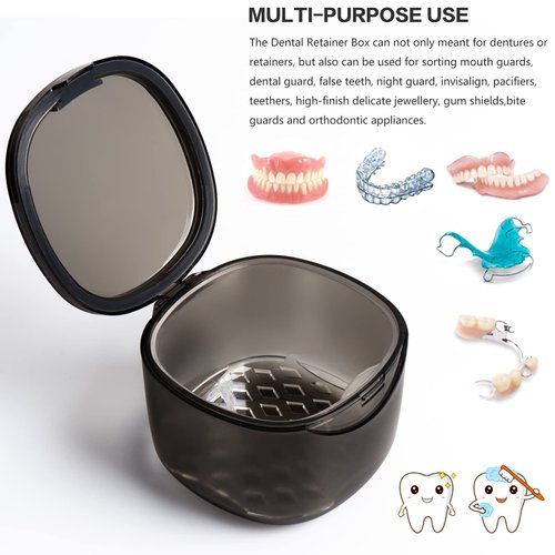 Uouovo Upgraded Denture Bath Box Cup, No-Leak Denture case,Retainer Cleaning Box, Complete Clean Care for Dentures, Clear Braces, Mouth Guard, Night Guard & Retainers (transparent grey)