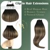 Ugeat Real Hair Etensions Clip In Human Hair Natural Black to Dark Brown Mix Caramel Brown Balayage Invisible Clip In Hair Extensions Human Hair Thick End 20 inch 7pcs 120g(105g Hair+15g Clips)