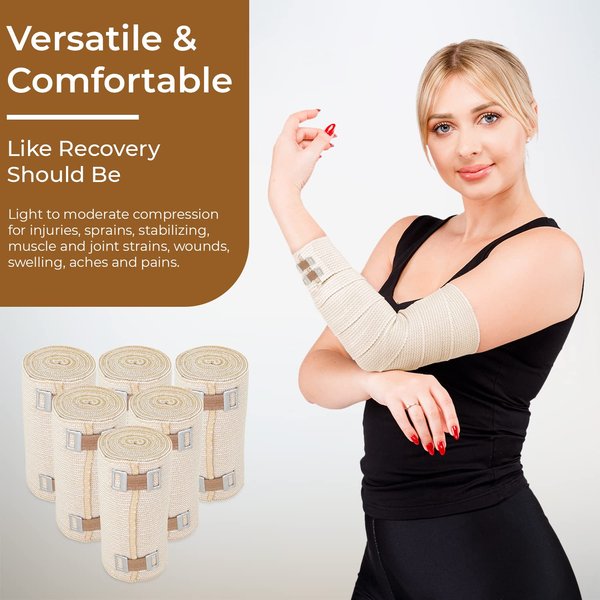 NexSkin 4" Organic Latex Free American Cotton - Comfort Elastic Bandage with Clip Fasteners - Beige, 6 Pack