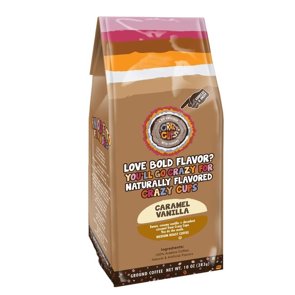 Crazy Cups Flavored Ground Coffee, Caramel Vanilla, in 10 oz Bag, For Brewing Flavored Hot or Iced Coffee